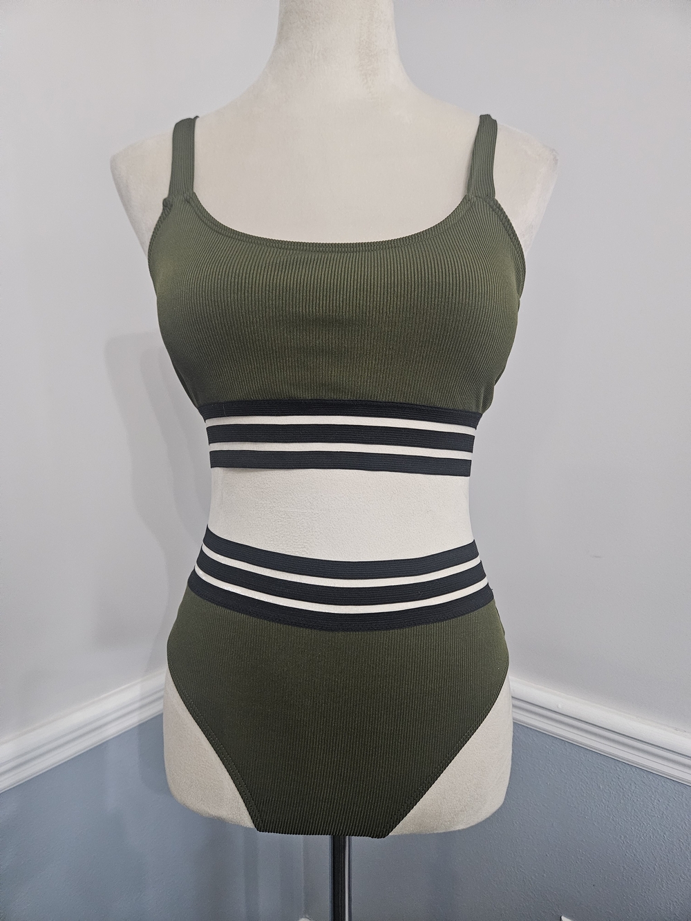 Ribbed Olive Two-Piece Bikini with Striped Waistband